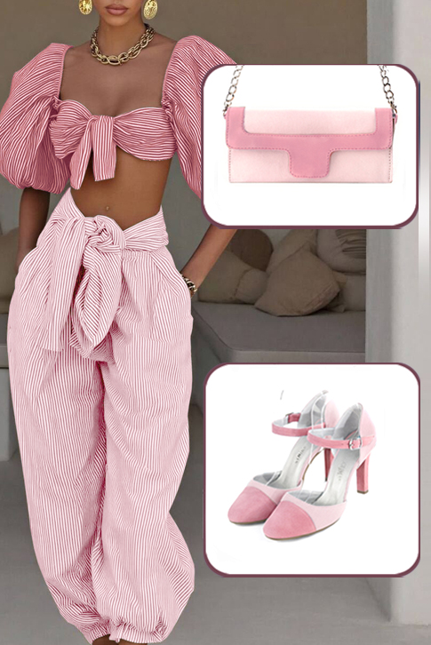 Women's carnation pink and light pink elegant closed-back heels, with an instep strap. Round toe. High slim heel - Worn view